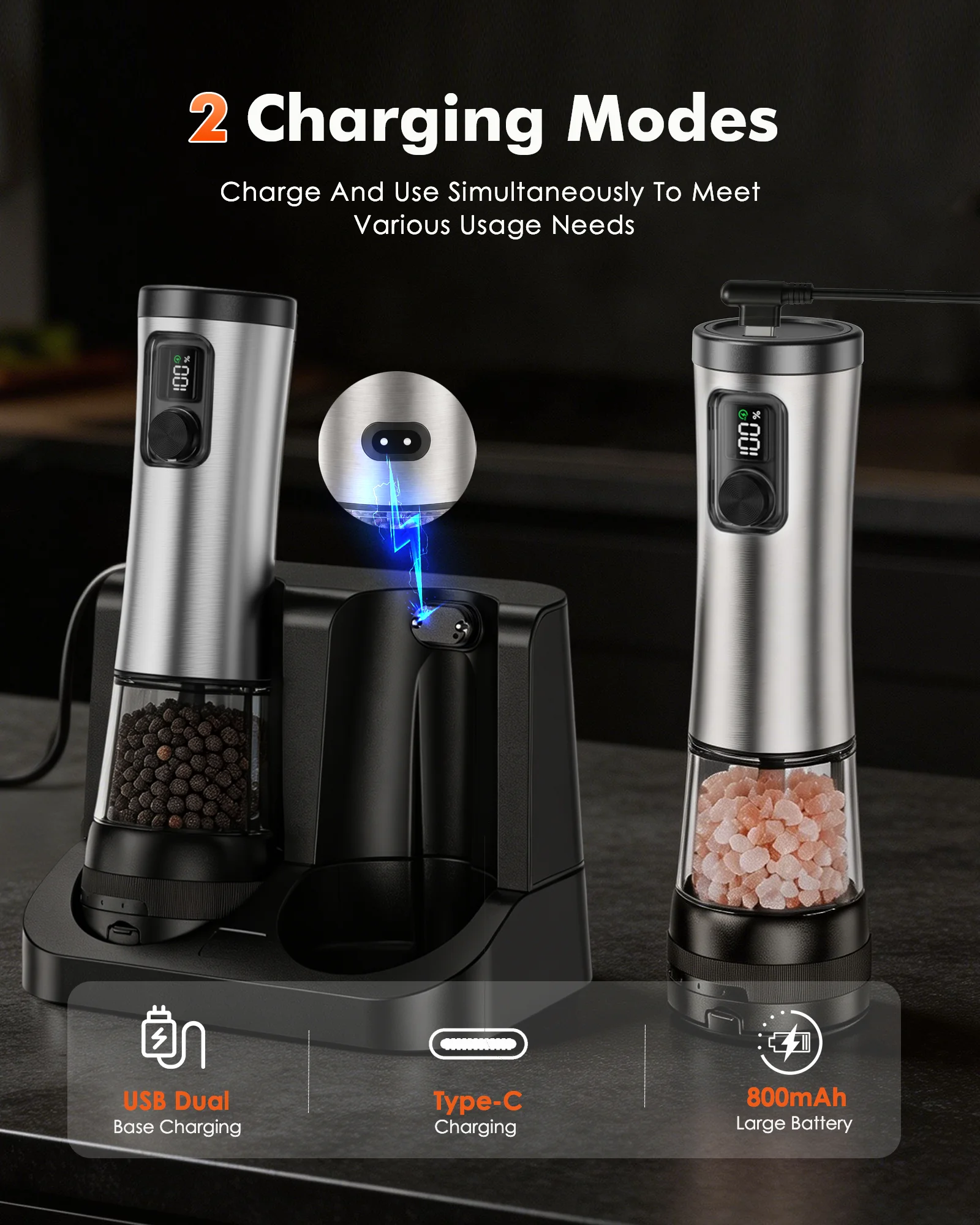 Ensemble de moulins à poivre automatiques avec base rechargeable