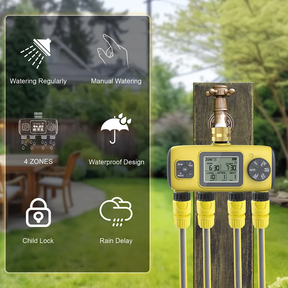 Programmateur d'arrosage numérique 4 sorties avec capteur de pluie pour système d'irrigation de jardin