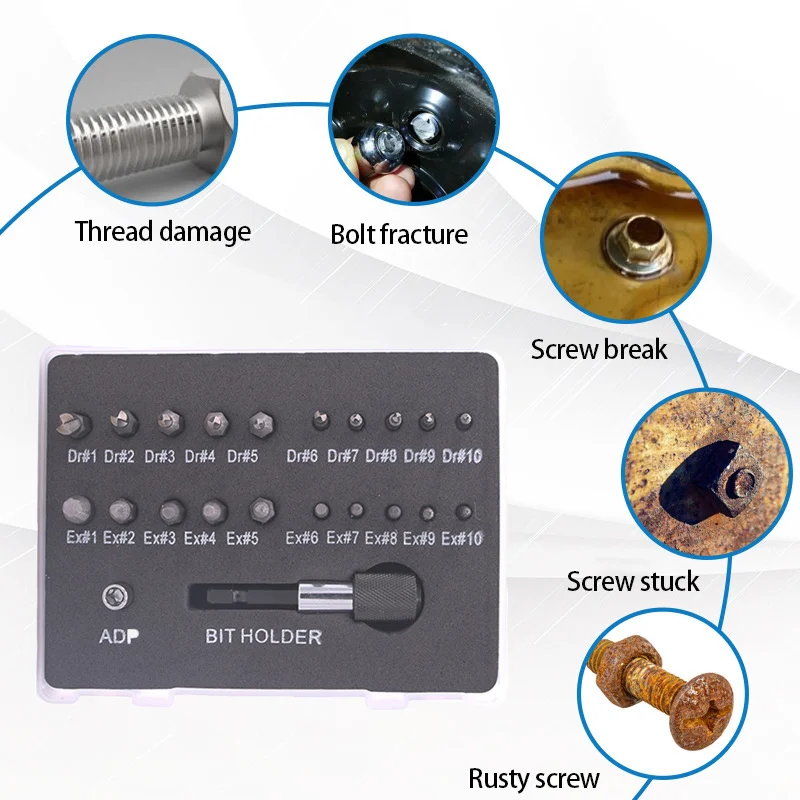 Jeu d'extracteur de vis, outil de retrait de dents croisées et de filetage en acier rapide avec embout d'extension de douille, extracteur de vis endommagé 22 pièces