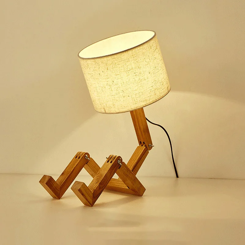 Lampe de Table en bois en forme de Robot E27, support de lampe 110-240V, tissu moderne, lampe de Table de bureau en bois, salon, étude intérieure, veilleuse