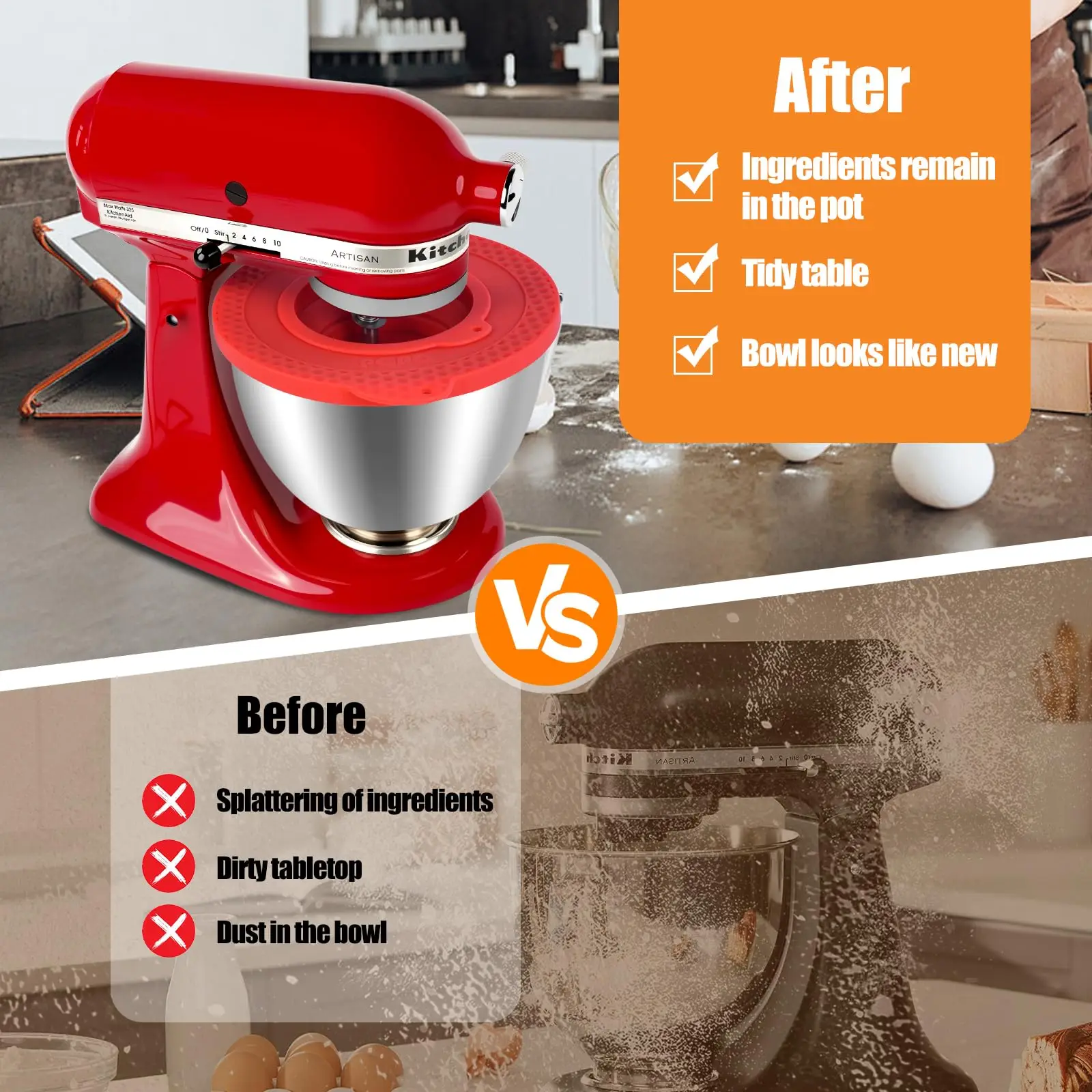 Couverture de bol en silicone pour mélangeurs sur socle inclinable de 4,5 à 5 quarts, avec couvercle de protection anti-éclaboussures, compatible avec KitchenAid, avec petit bol pliable
