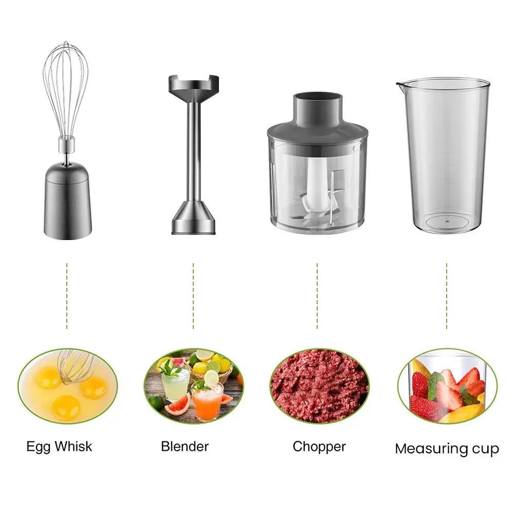 Mixeur Plongeant Puissant 4-en-1, Batteur Manuel en Acier Inoxydable, Bol de Mélange 700ml, Hachoir 500ml, Fouet