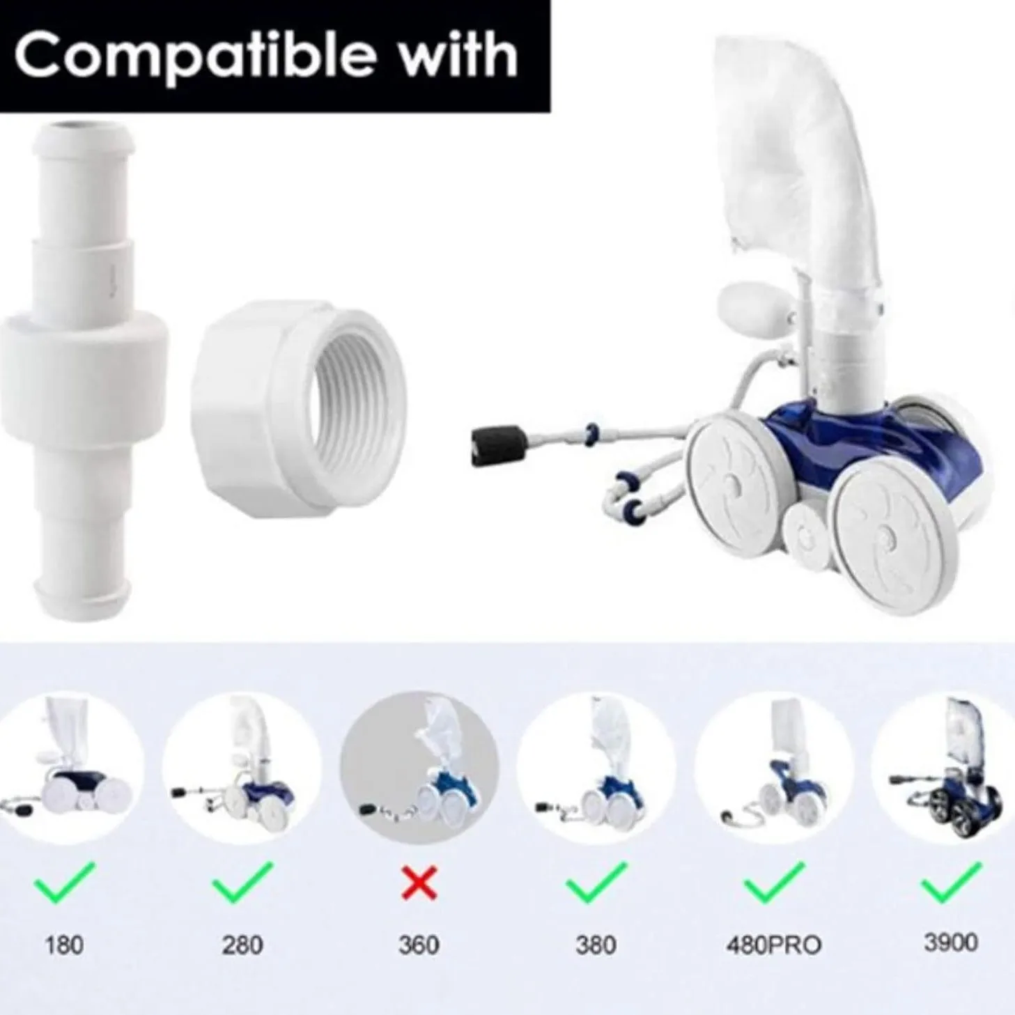 Paquet de 5 tuyaux de nettoyage de piscine pivotants D20 et écrou de tuyau D15 Kit combiné de remplacement pour nettoyeurs de piscine Polaris 280 380 180 480Pro