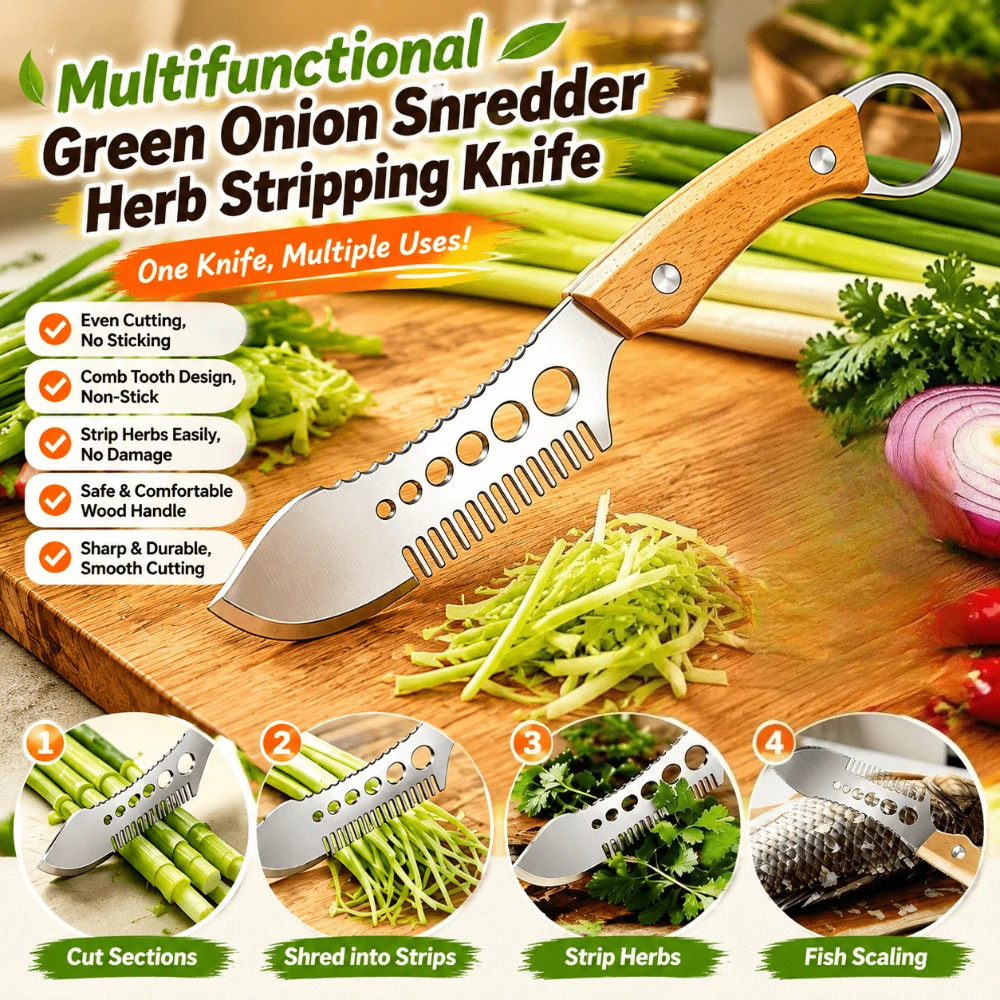 Nouveau Hachoir 3-en-1 en Acier Inoxydable pour Ciboulette et Herbes Aromatiques avec Manche en Bois