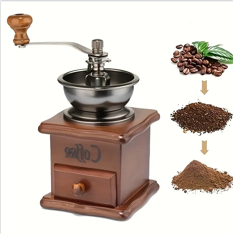 Moulin à café manuel vintage en bois, 1 pièce, manivelle, style classique