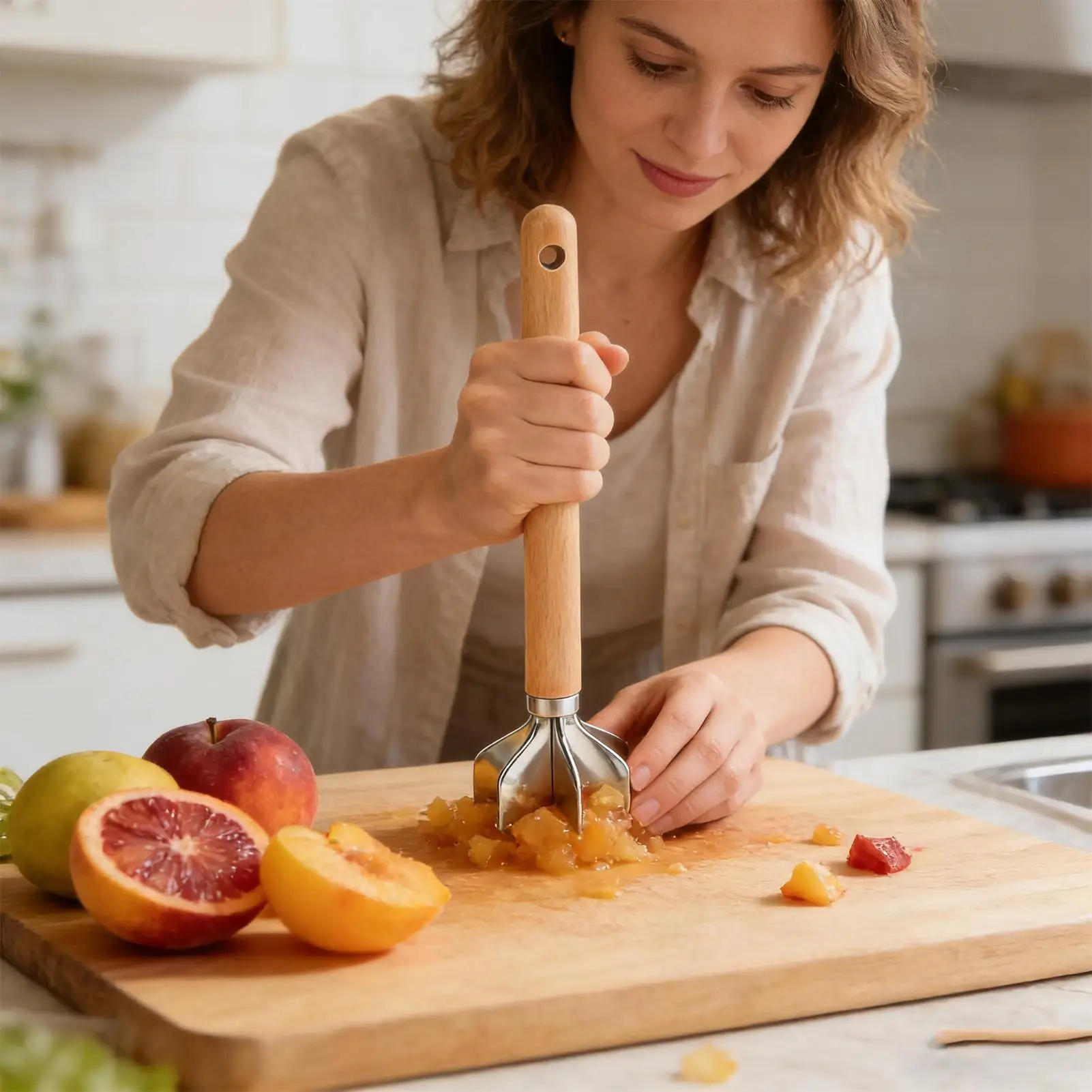 Hachoir à viande avec manche en bois et revêtement antiadhésif