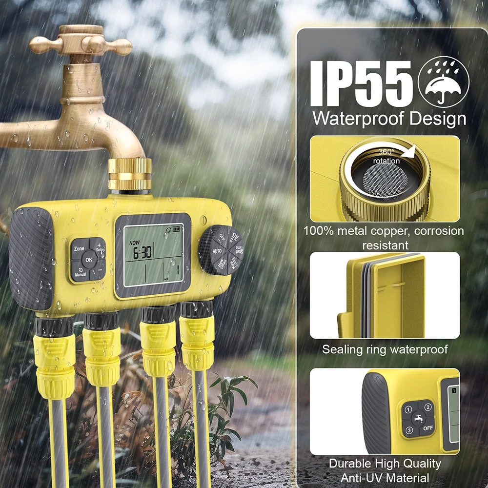 Programmateur d'arrosage numérique 4 sorties avec capteur de pluie pour système d'irrigation de jardin