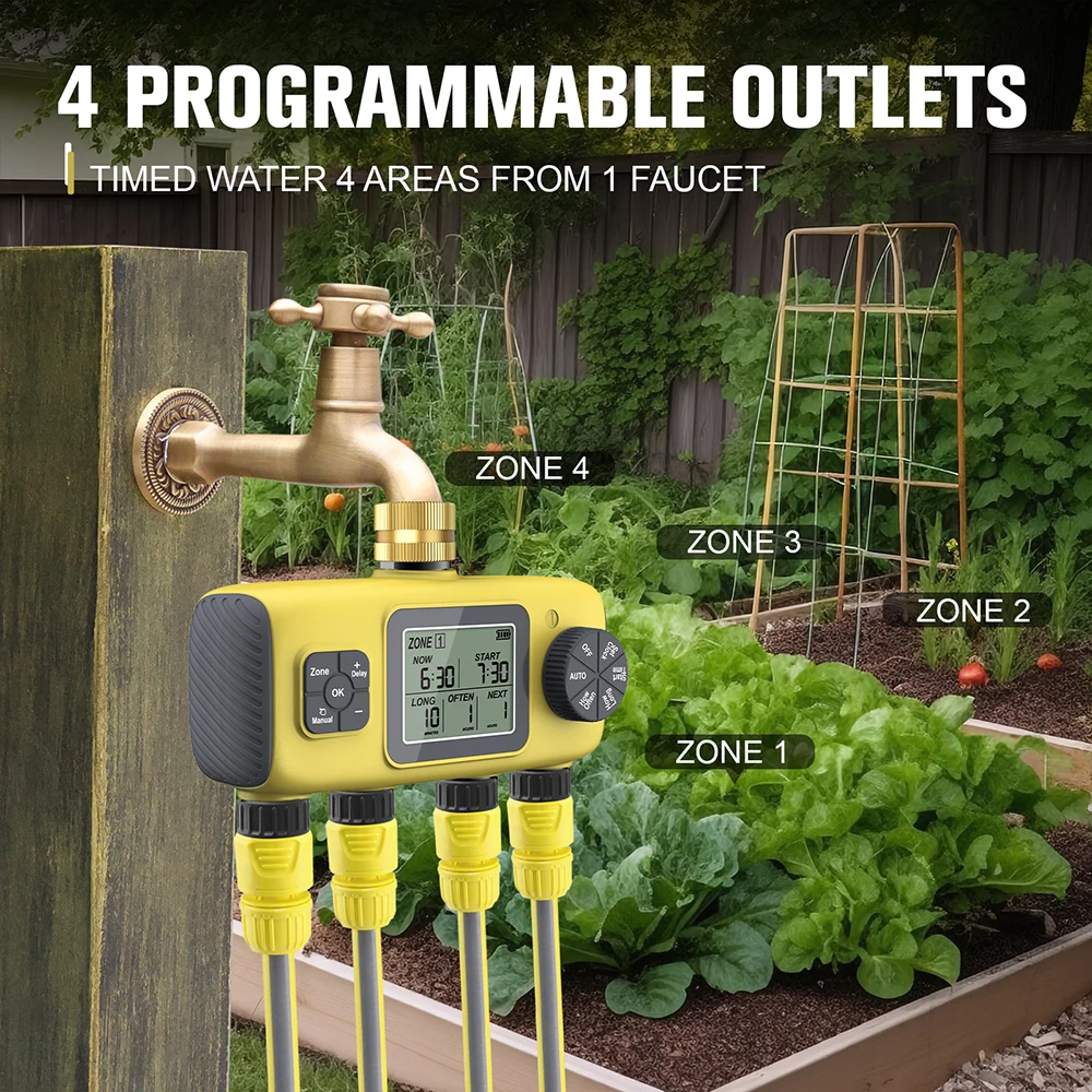 Programmateur d'arrosage numérique 4 sorties avec capteur de pluie pour système d'irrigation de jardin