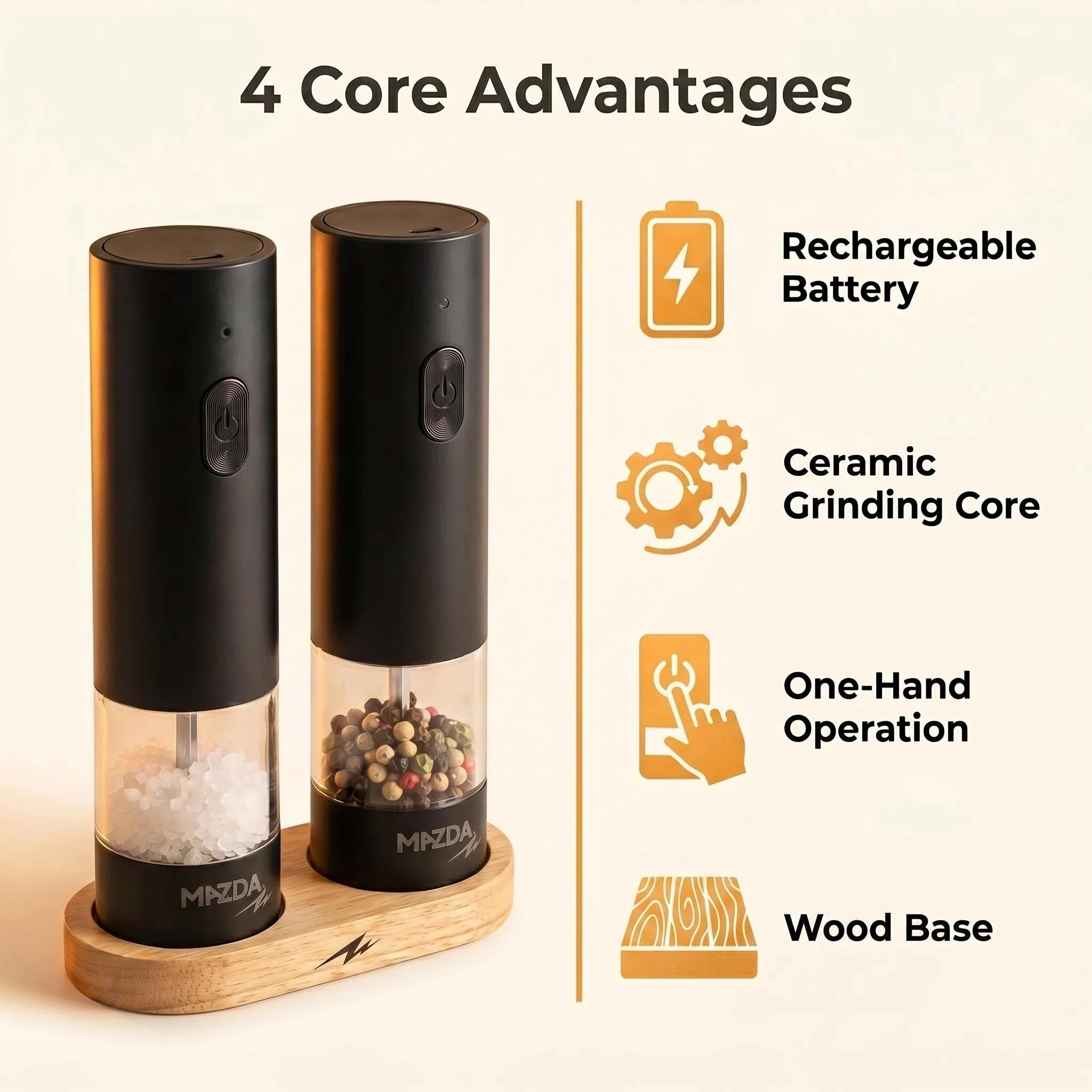 Ensemble de moulins à sel et à poivre électriques rechargeables avec base en bois