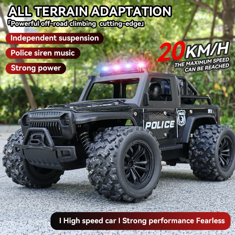 Voiture de police tout-terrain télécommandée, lumières de police cool, sons de sirène simulés, corps en alliage à l'échelle 1:16, absorption des chocs à ressort