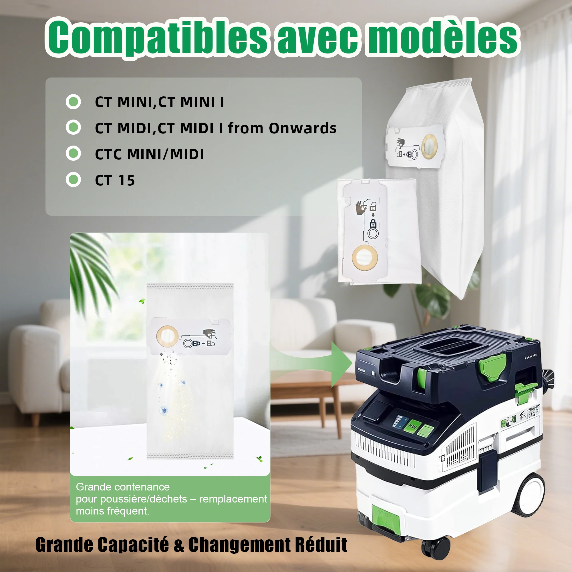 Paquet de 10 pour sac d'aspirateur Festool 204308 CT compatible