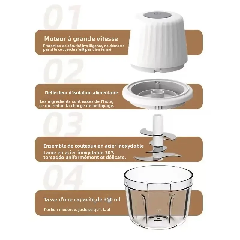 Hachoir à ail électrique portable 400ML avec 6 lames - Mini