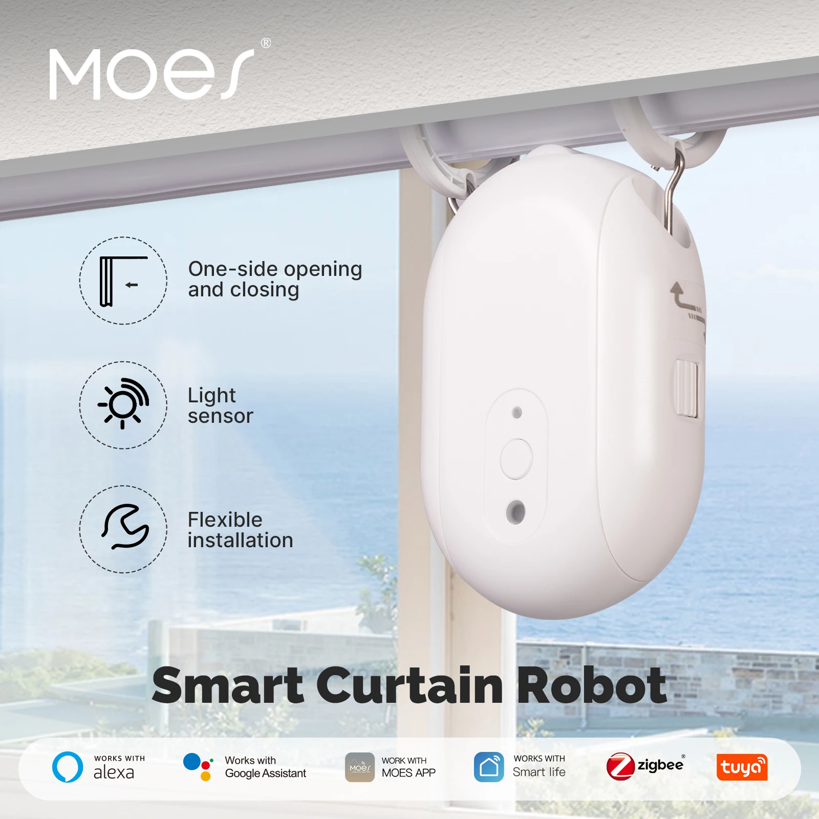 MOES-Robot rideau électrique intelligent Zigequation Tuya, minuterie, ouvre-auto, plus proche, capteur de lumière, application, télécommande, prise en charge d'Alexa, Google Home