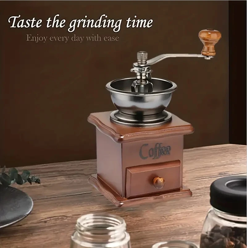 Moulin à café manuel vintage en bois, 1 pièce, manivelle, style classique