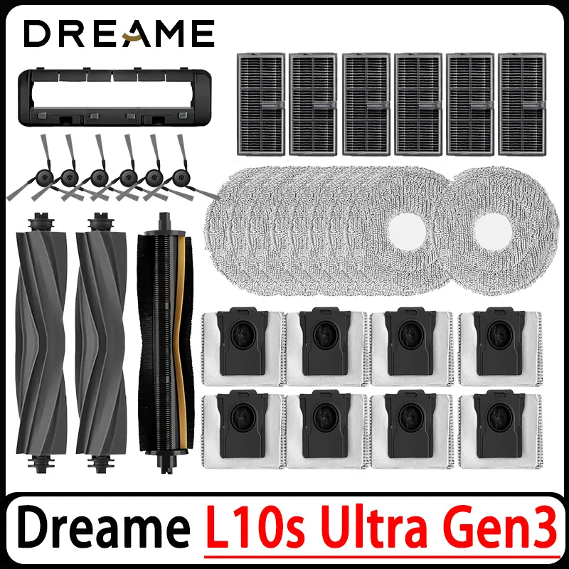 Accessoires pour aspirateur robot Dreame L10s Ultra Gen3 / L30s Pro Ultra : brosse principale, brosse latérale, chiffon de nettoyage, filtre HEPA, sac à poussière, pièces de rechange.