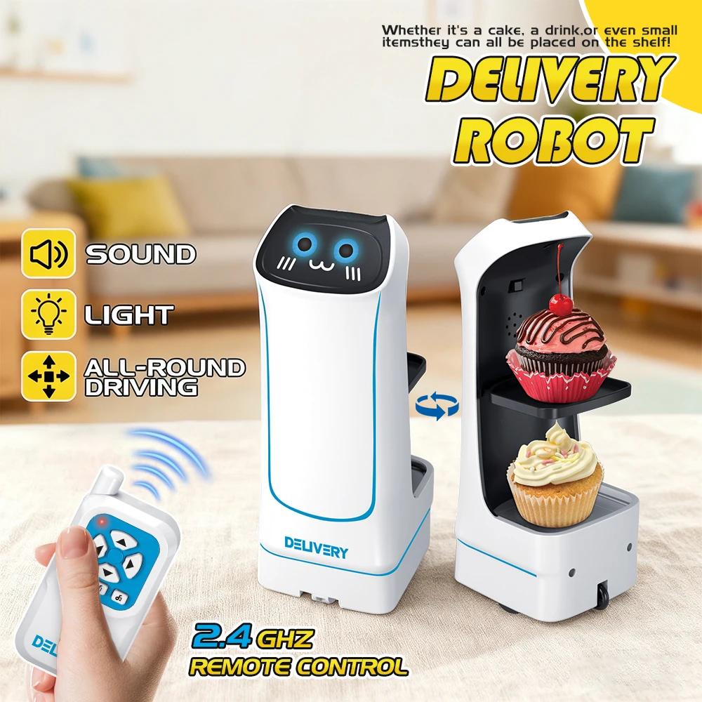 Robot de livraison de nourriture RC 2.4G avec son et lumières, fonction de levage et de service, télécommande, jouets électriques interactifs parent-enfant, cadeaux pour enfants