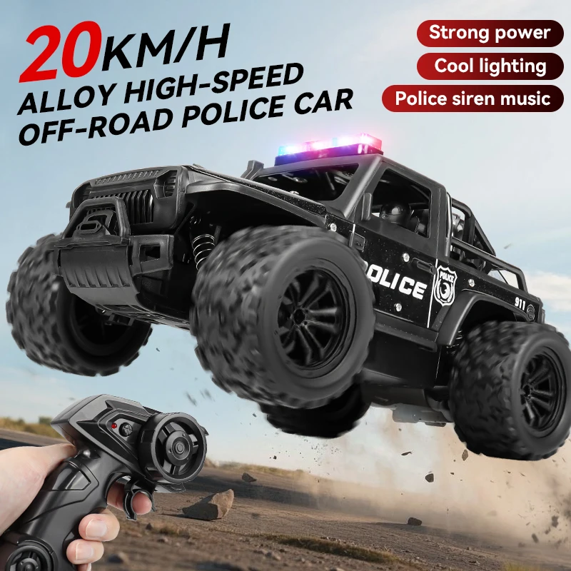 Voiture de police tout-terrain télécommandée, lumières de police cool, sons de sirène simulés, corps en alliage à l'échelle 1:16, absorption des chocs à ressort