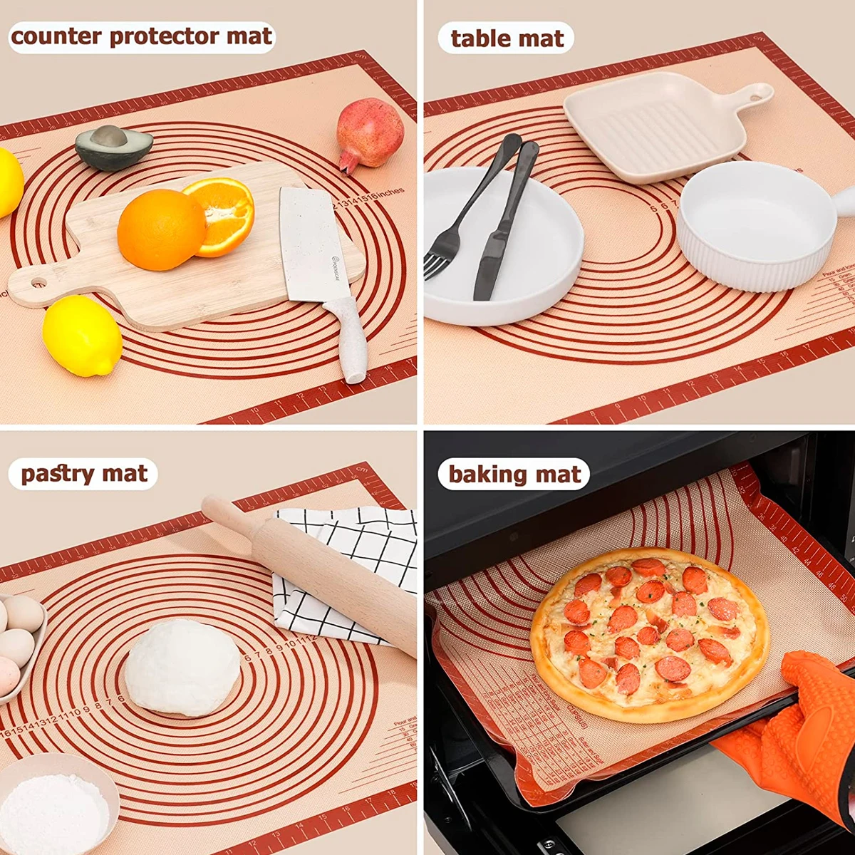 Tapis à pâtisserie en Silicone 60x40cm, 0.7mm d'épaisseur, tapis à rouler la pâte antiadhésif avec Guide de mesures, feuille de cuisson sûre au four