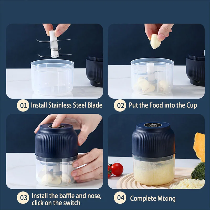 250ml Mini hachoir à légumes électrique sans fil USB Rechargeable broyeur d'ail