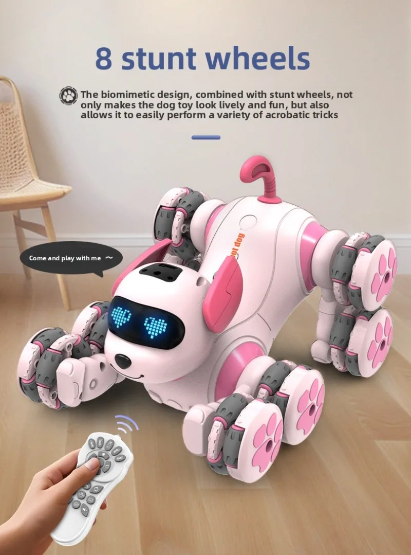Nouveau chien robot télécommandé intelligent - Chien acrobatique à 8 roues, forme d'animal de compagnie mignon rose, jouet robot chien pour enfants