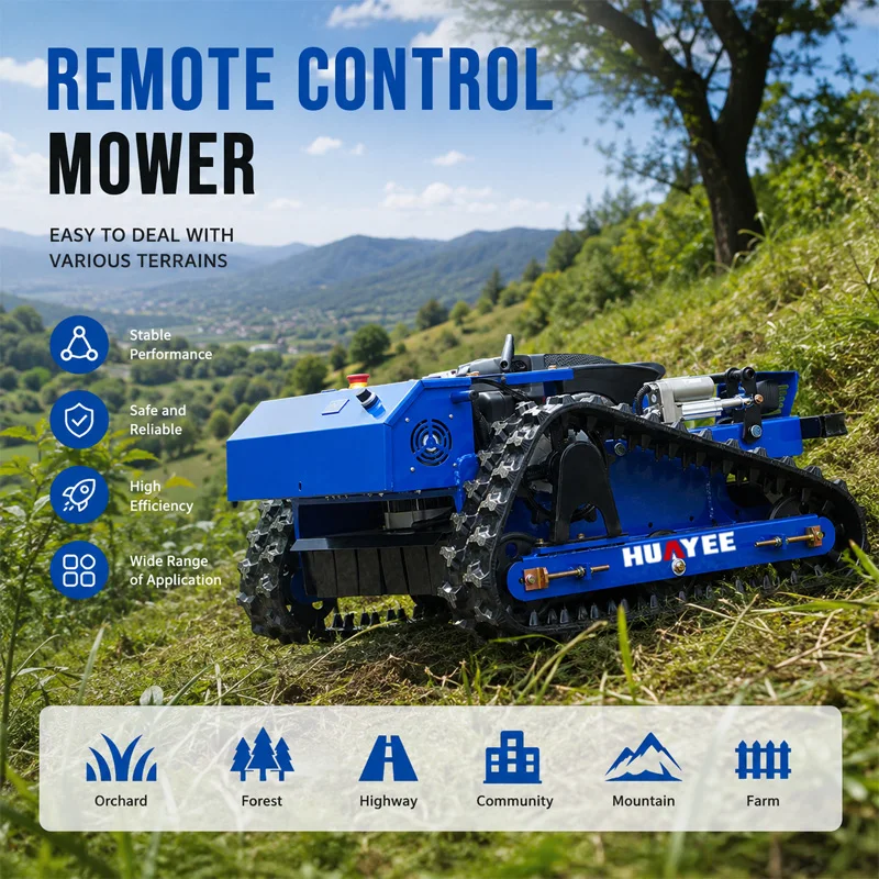 Tondeuse à gazon télécommandée tout-terrain robuste à chenilles pour la tonte des pentes raides, de l'herbe haute et des mauvaises herbes dans les fermes et vergers