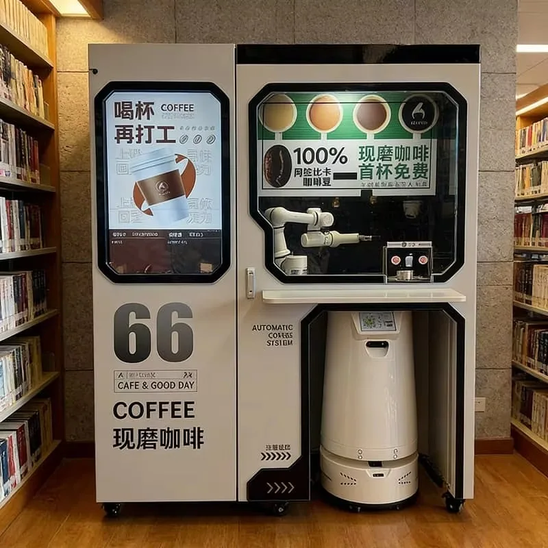 Robot de café intelligent tout-en-un avec bras automatique pour la préparation et kiosque de livraison autonome personnalisable