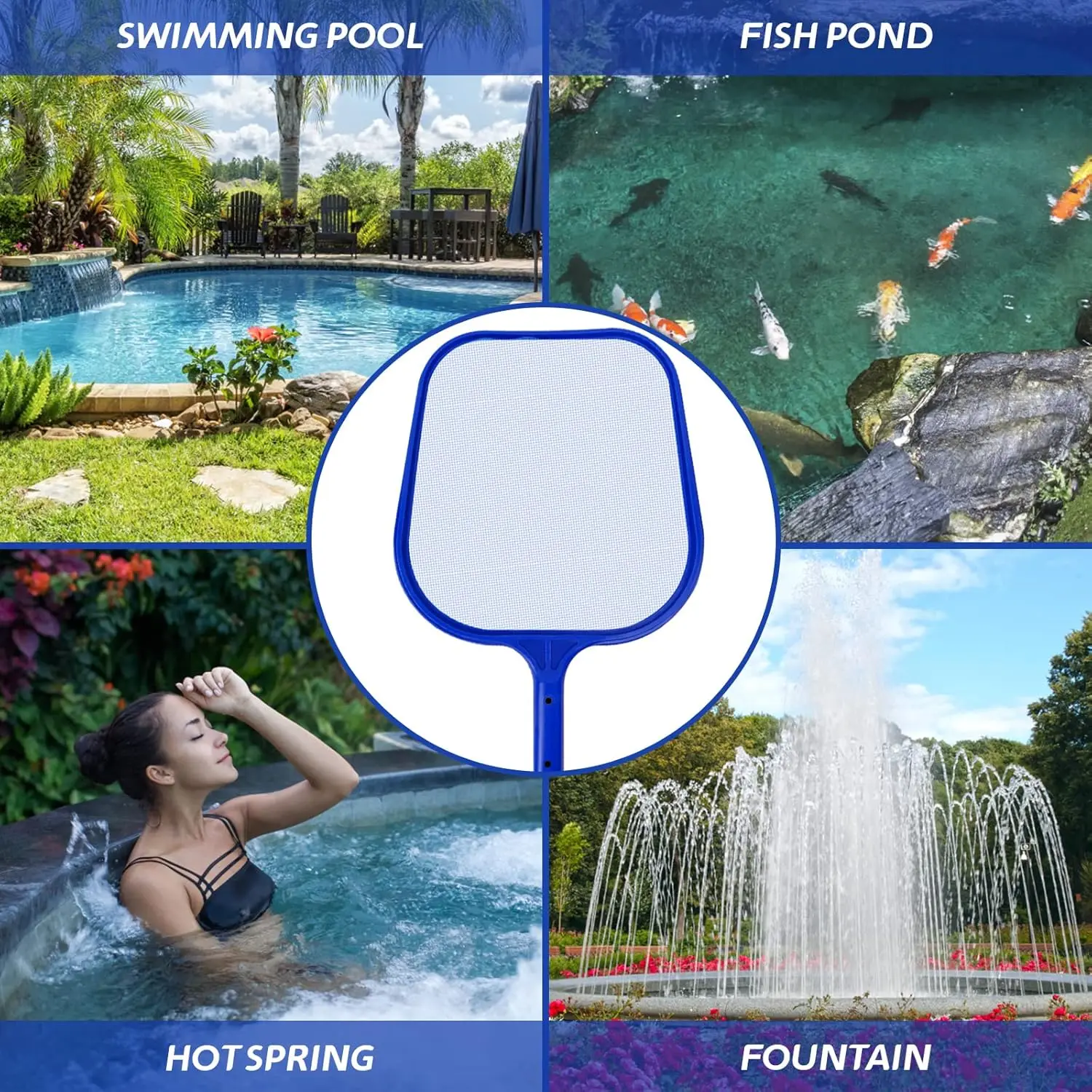Épuisette de piscine, perche télescopique en aluminium réglable en 5 sections, filet de nettoyage pour bassin, épuisette à mailles fines
