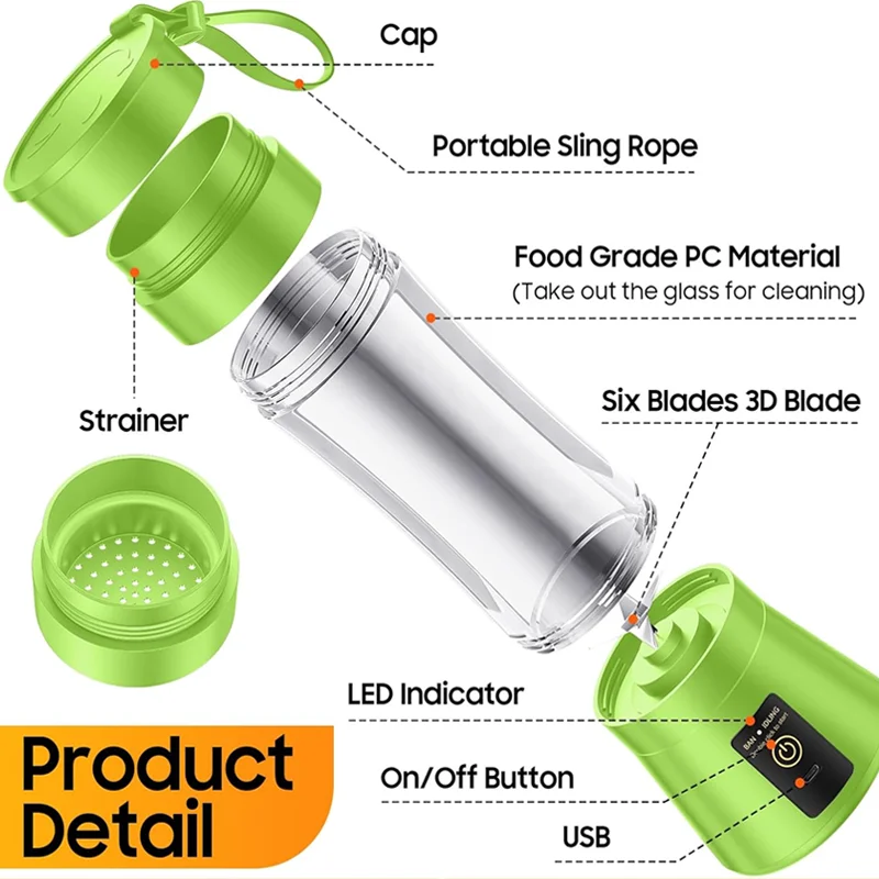 Mixeur de jus domestique 380 ml, mini-presse-agrumes électrique rechargeable par USB, mixeur de smoothies, mixeur de milk-shakes, mixeur portable pour pique-nique en plein air