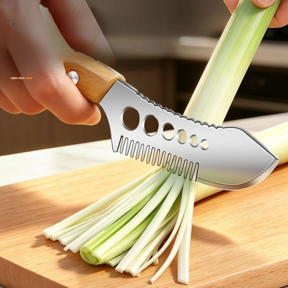 Nouveau Hachoir 3-en-1 en Acier Inoxydable pour Ciboulette et Herbes Aromatiques avec Manche en Bois