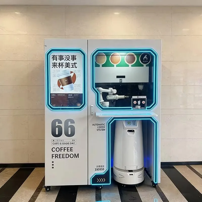 Robot de café intelligent tout-en-un avec bras automatique pour la préparation et kiosque de livraison autonome personnalisable