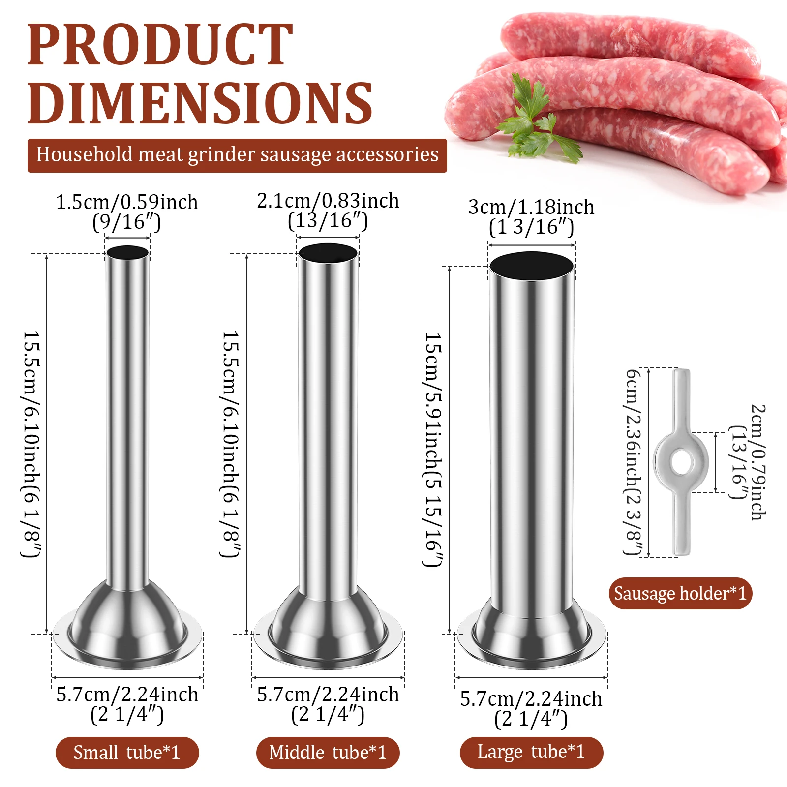Lot de 3 tubes à saucisses en acier inoxydable avec support de fixation