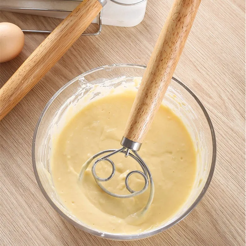 Fouet à pâte en acier inoxydable 304 avec manche en bois lisse