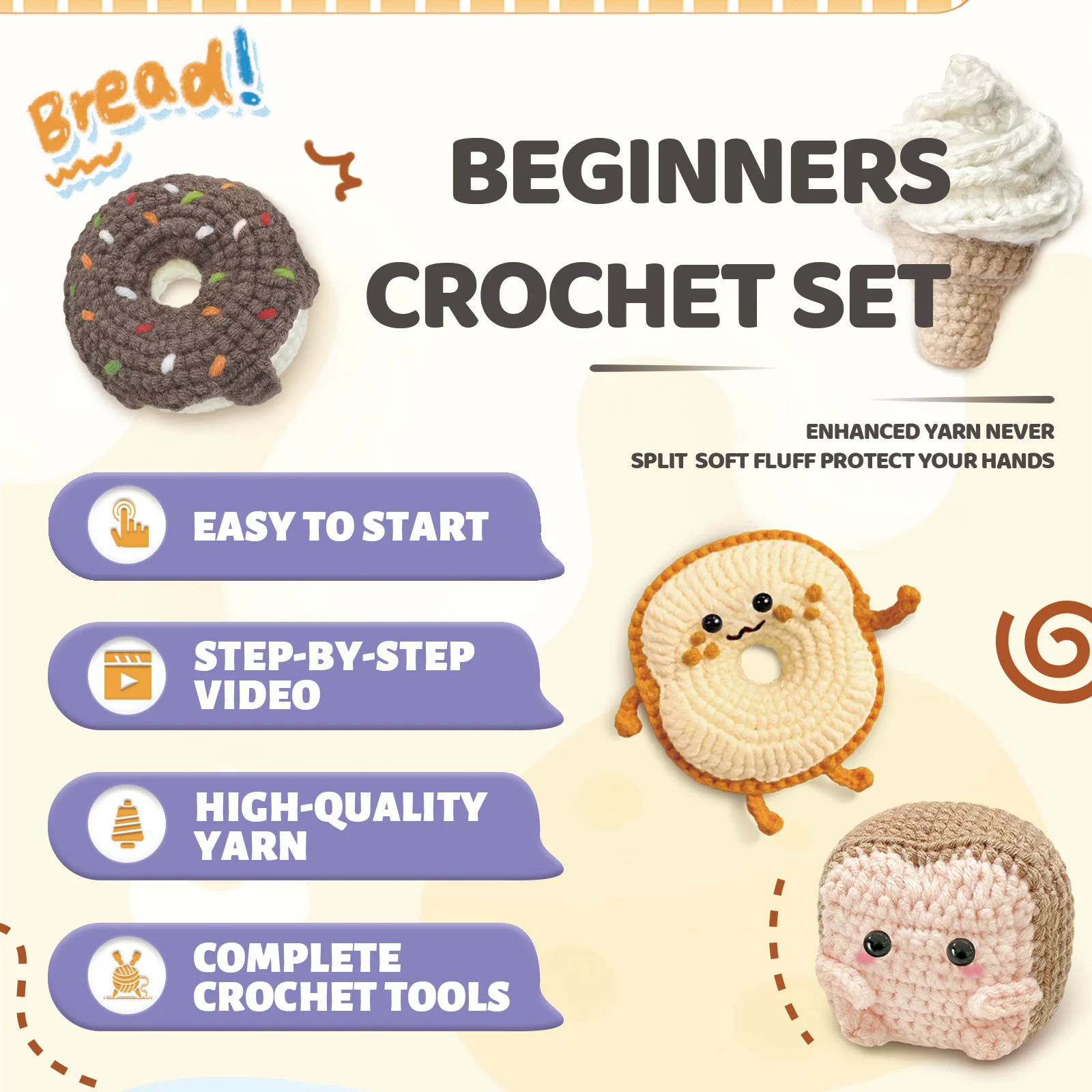 YAMAXIN – Kit de bricolage au Crochet, forme de pain de beignet, crème glacée, Toast, ensemble complet de matériaux avec tutoriel vidéo pour l'artisanat