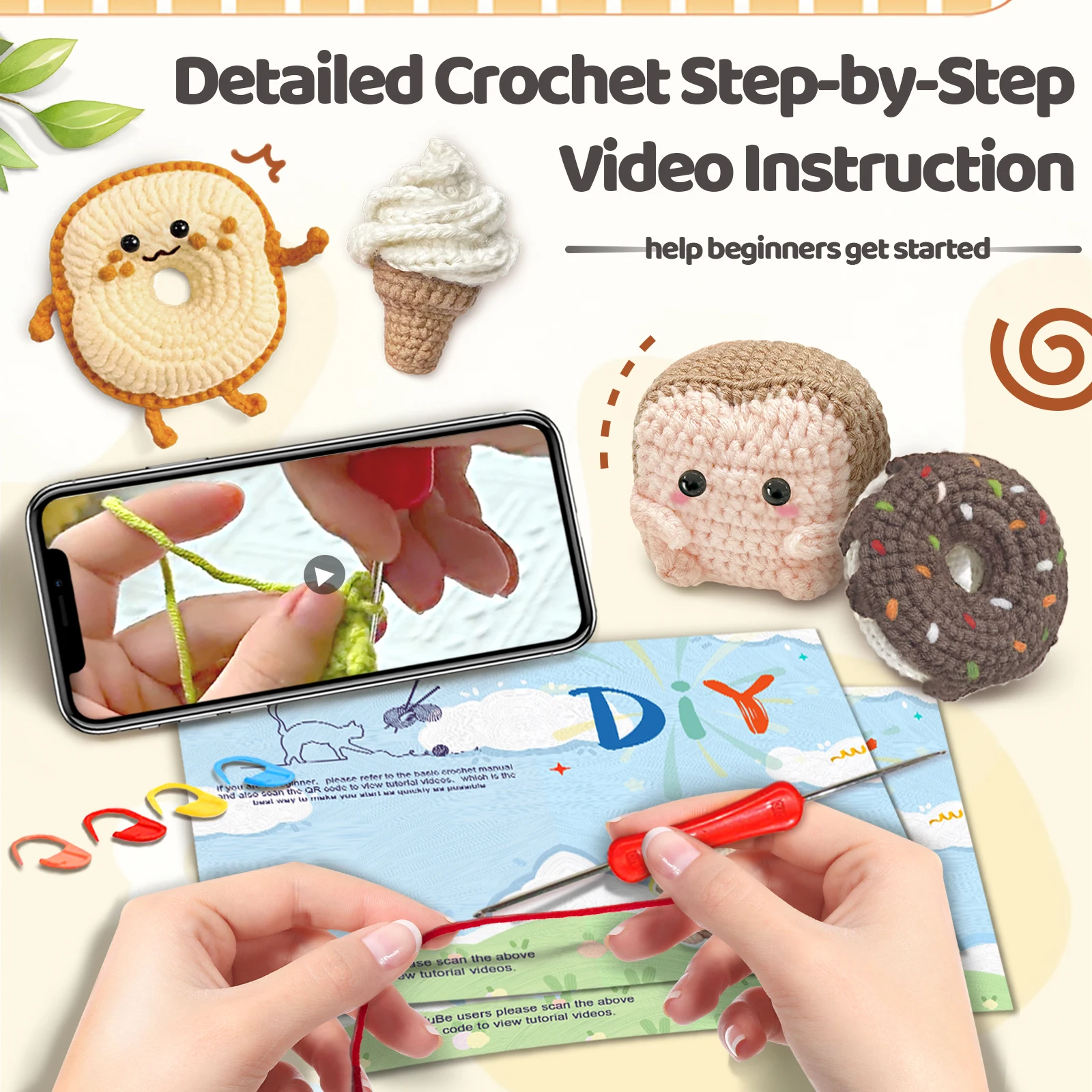 YAMAXIN – Kit de bricolage au Crochet, forme de pain de beignet, crème glacée, Toast, ensemble complet de matériaux avec tutoriel vidéo pour l'artisanat