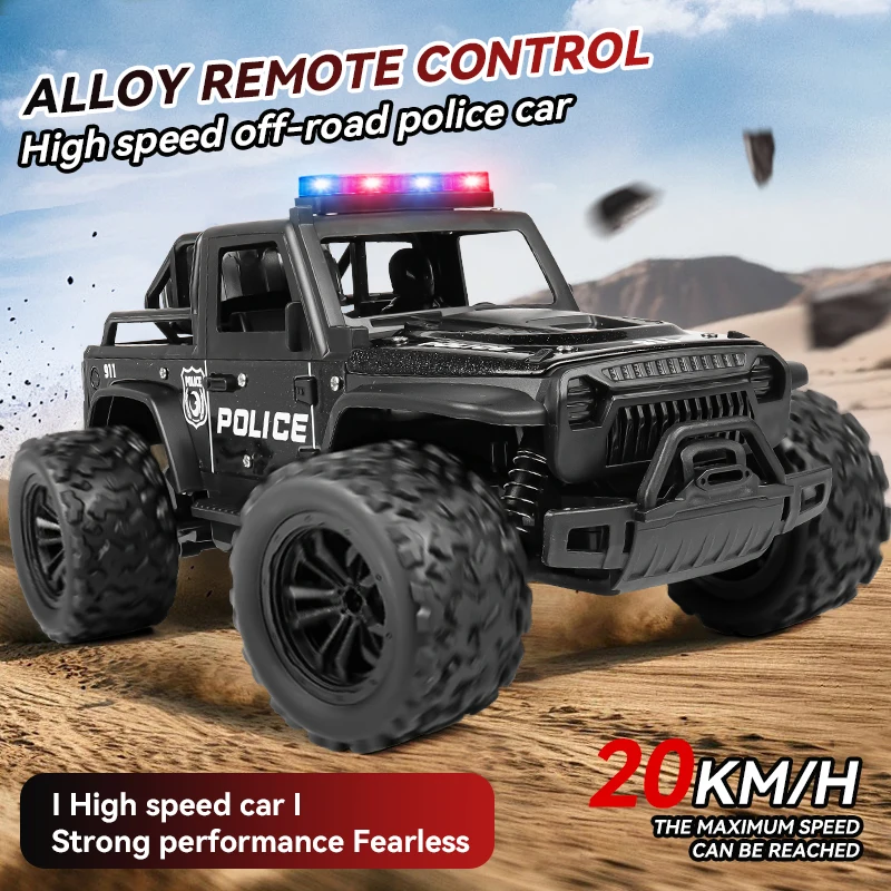 Voiture de police tout-terrain télécommandée, lumières de police cool, sons de sirène simulés, corps en alliage à l'échelle 1:16, absorption des chocs à ressort