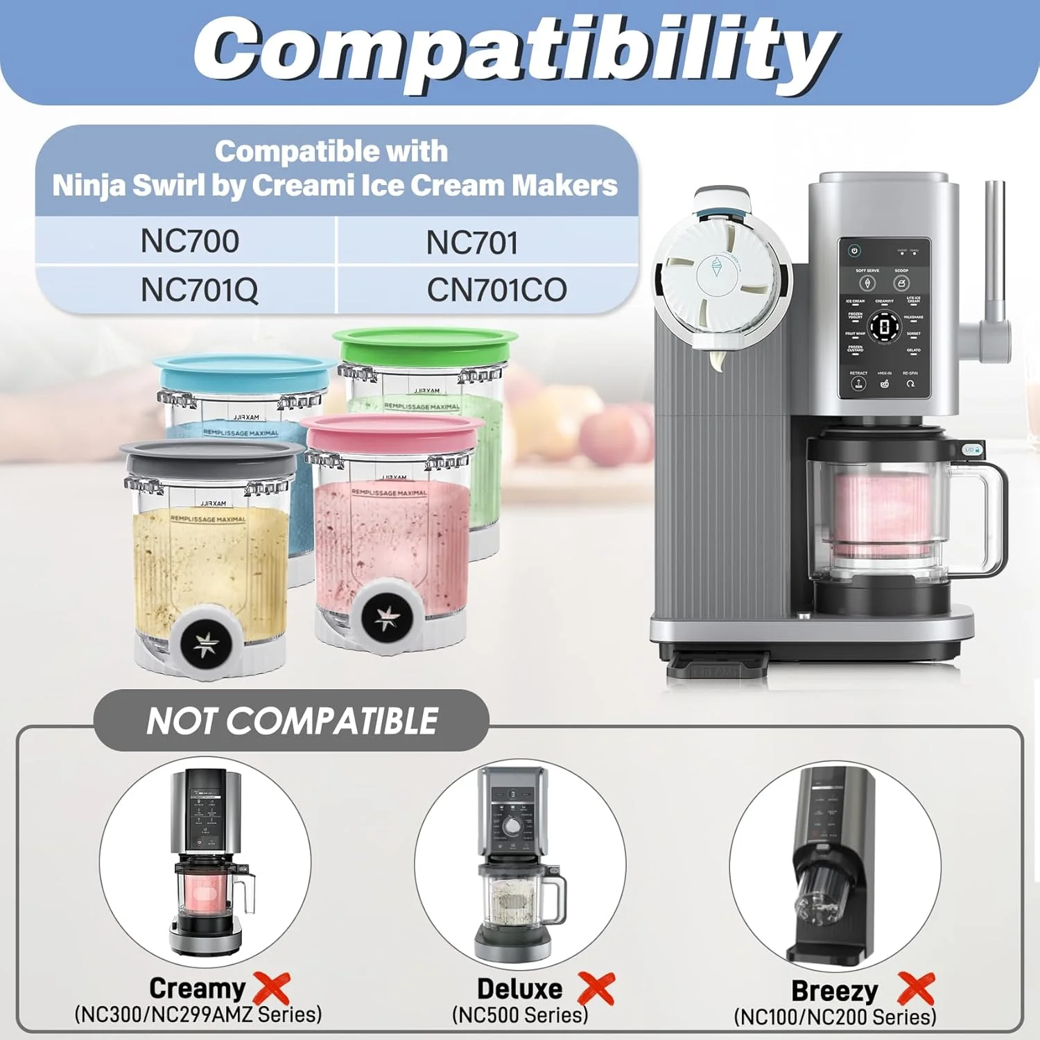 Contenants de remplacement Ninja Creami Swirl Pint avec couvercles assortis compatibles avec les machines à crème glacée