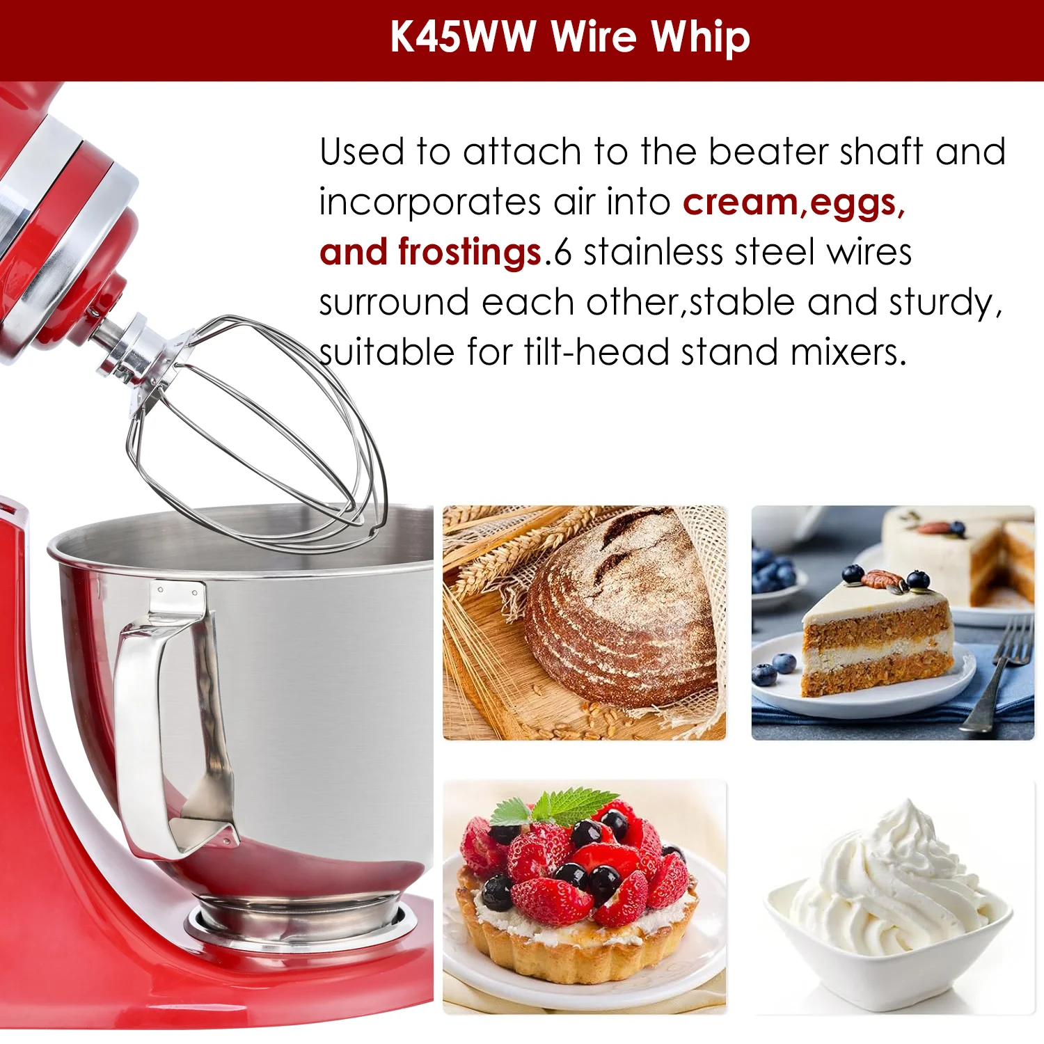 Fouet en fil d'acier K45WW pour mélangeur à tête inclinable KitchenAid Artisan Series