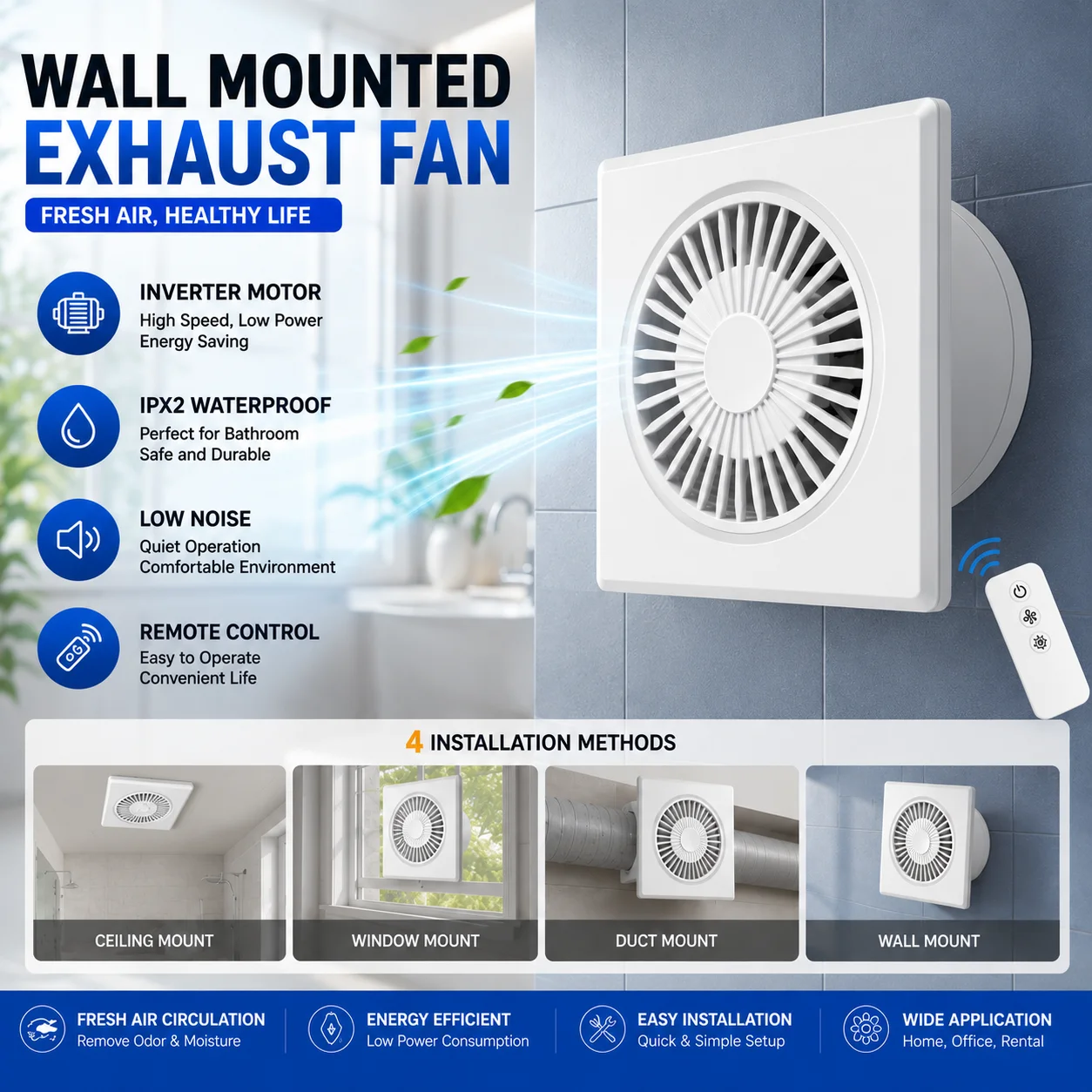 Ventilateur d'extraction axial silencieux 220V, ventilateur de conduit domestique pour salle de bain et cuisine, élimination des odeurs et de l'humidité C10 avec câble d'alimentation