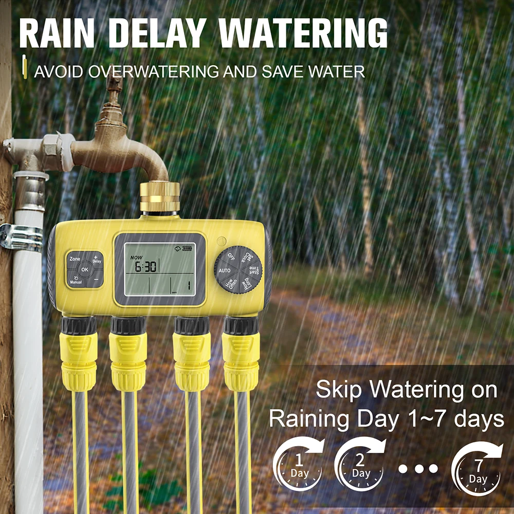Programmateur d'arrosage numérique 4 sorties avec capteur de pluie pour système d'irrigation de jardin