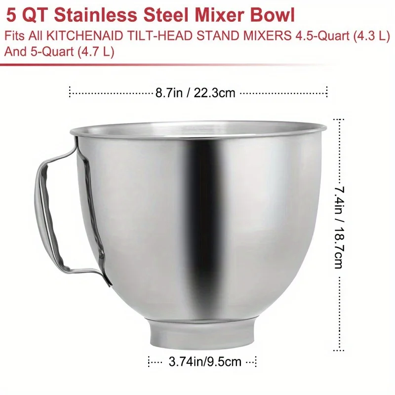 Bol mélangeur en acier inoxydable pour KitchenAid Artisan & Classic Series 4.5-5 QT
