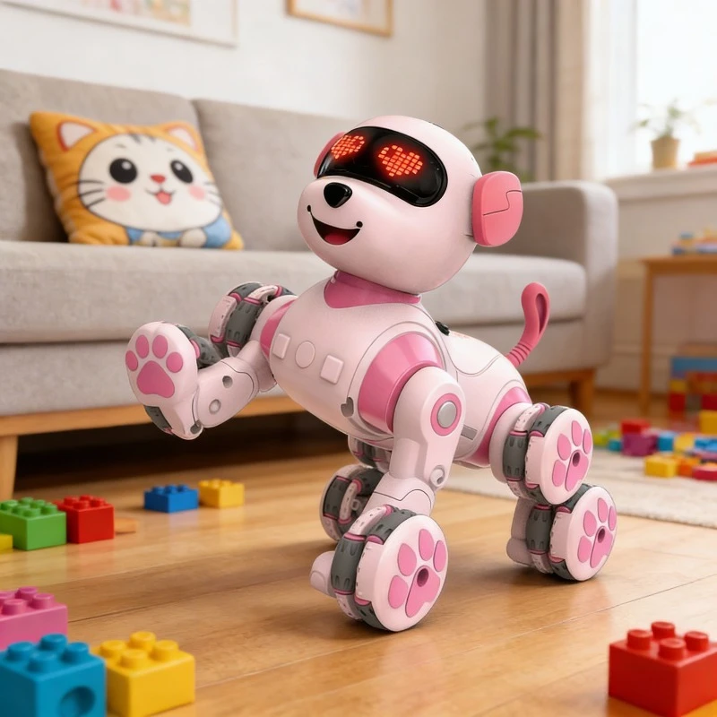 Nouveau chien robot télécommandé intelligent - Chien acrobatique à 8 roues, forme d'animal de compagnie mignon rose, jouet robot chien pour enfants
