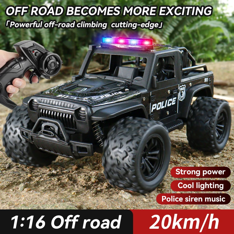 Voiture de police tout-terrain télécommandée, lumières de police cool, sons de sirène simulés, corps en alliage à l'échelle 1:16, absorption des chocs à ressort