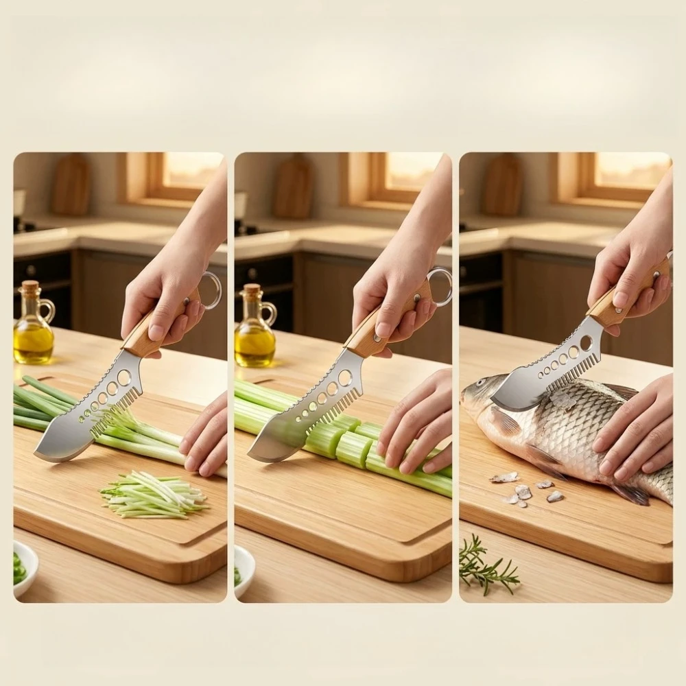 Nouveau Hachoir 3-en-1 en Acier Inoxydable pour Ciboulette et Herbes Aromatiques avec Manche en Bois