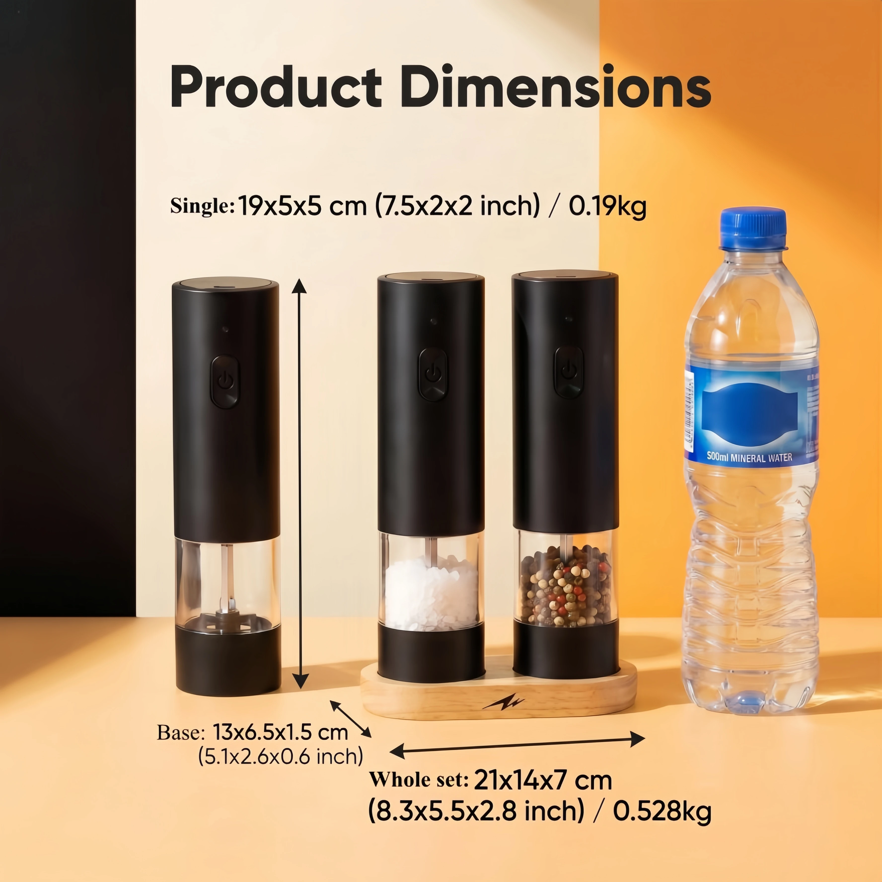 Ensemble de moulins à sel et à poivre électriques rechargeables avec base en bois