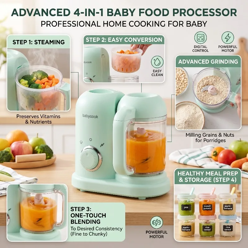 Robot culinaire multifonction haute précision 4-en-1 pour bébé : Hachoir, Cuiseur vapeur, Mixeur et Préparateur de repas automatique