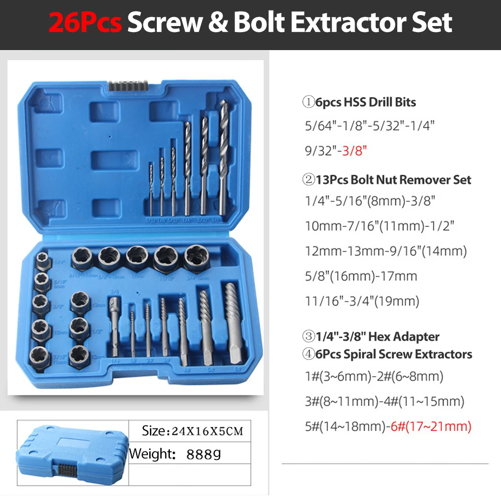 Jeu d'extracteur de vis dissolvant de boulon cassé 26 pièces ensemble d'extracteur de vis dénudé vis dénudées goujons raccords outil d'extraction
