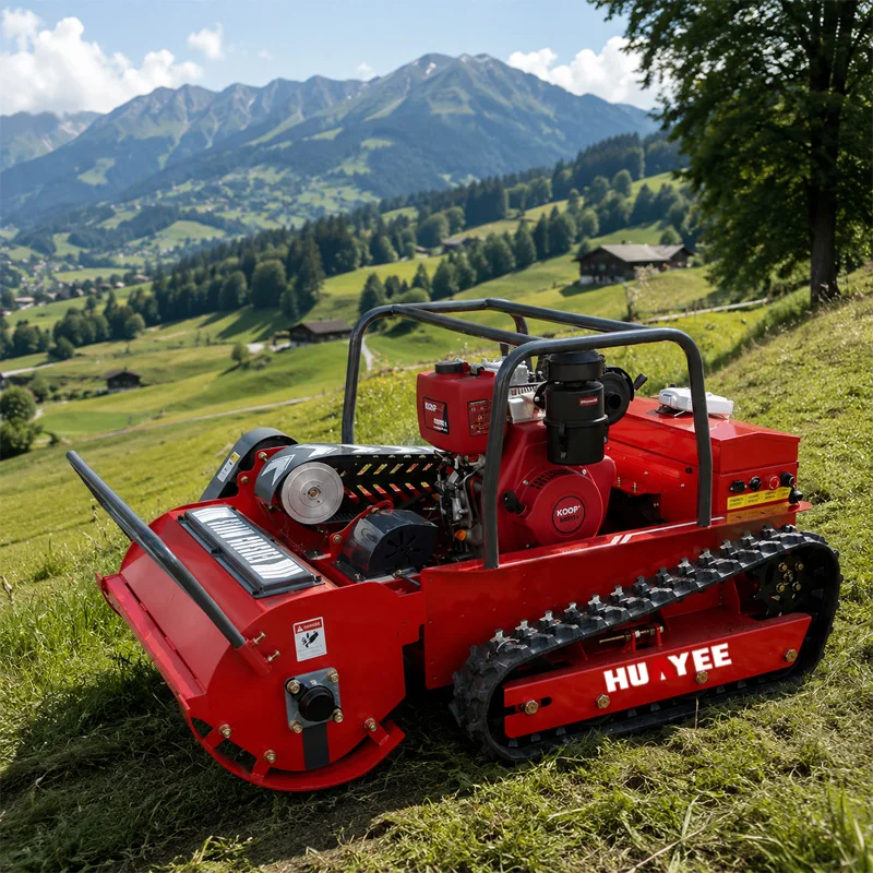 Tondeuse à gazon télécommandée tout-terrain robuste à chenilles pour la tonte des pentes raides, de l'herbe haute et des mauvaises herbes dans les fermes et vergers