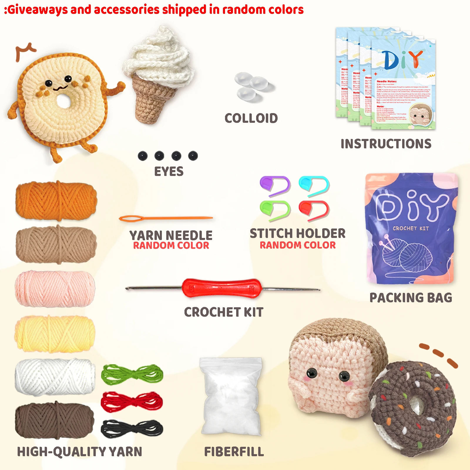 YAMAXIN – Kit de bricolage au Crochet, forme de pain de beignet, crème glacée, Toast, ensemble complet de matériaux avec tutoriel vidéo pour l'artisanat