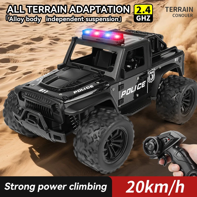 Voiture de police tout-terrain télécommandée, lumières de police cool, sons de sirène simulés, corps en alliage à l'échelle 1:16, absorption des chocs à ressort