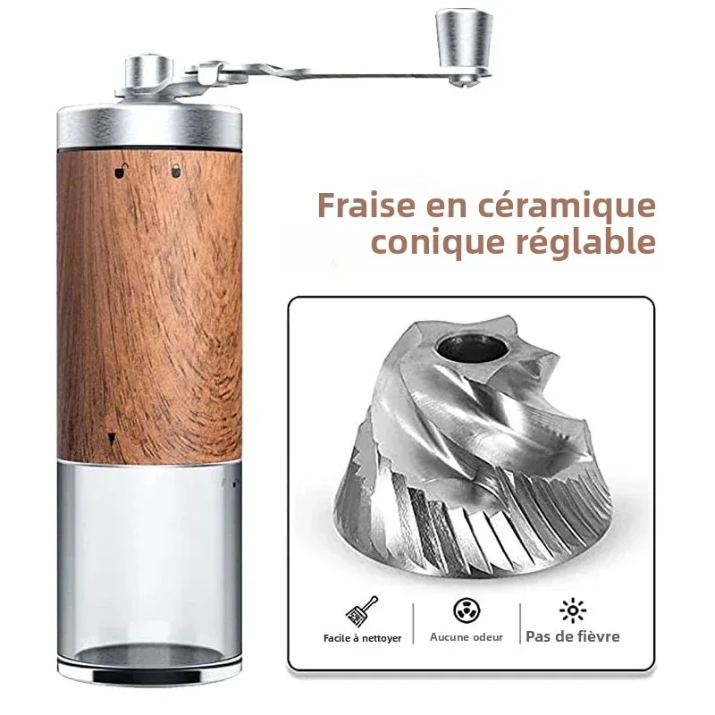 Moulin à café manuel portatif vintage avec grain de bois manivelle en acier inoxydable